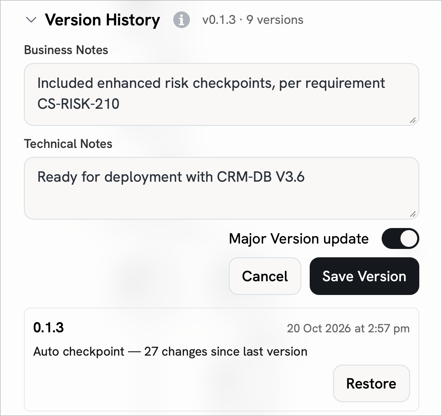 Flowstate Version History: business and technical notes, a major version switch, and a saved version ready to restore